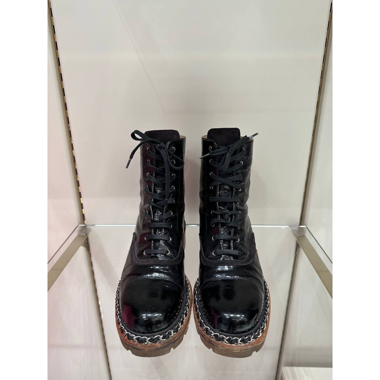 Chanel 2015 Brown Patent Leather Ankle Combat Boots Sz.38 pre-owned