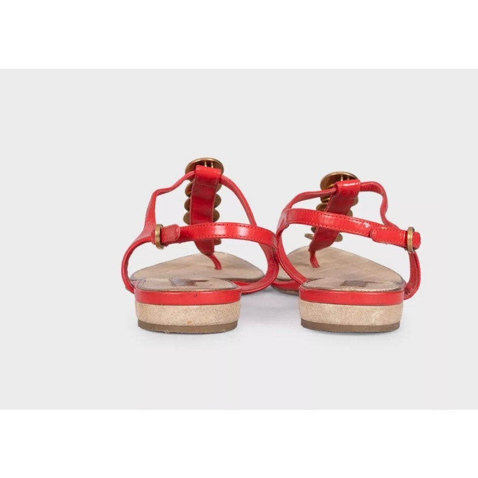 Chanel Red Leather Block Heel Open Toe Sandals Size 38 pre-owned