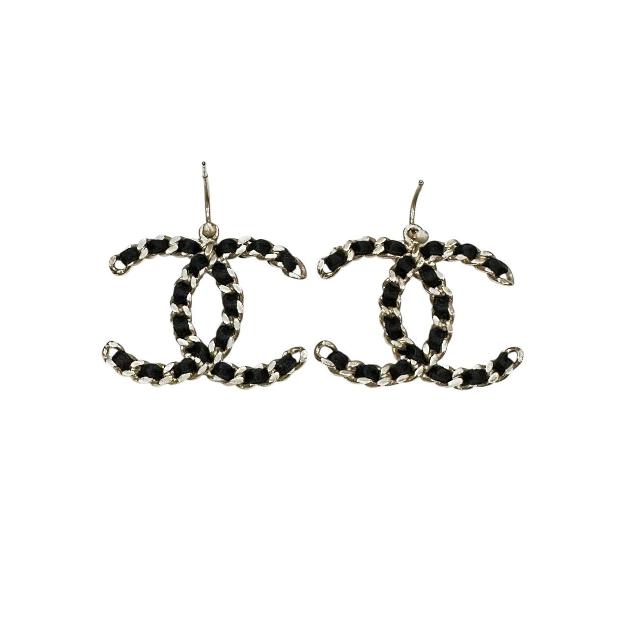 CHANEL Braided Black Ribbon CC Logo Dangling Earrings Pre-owned