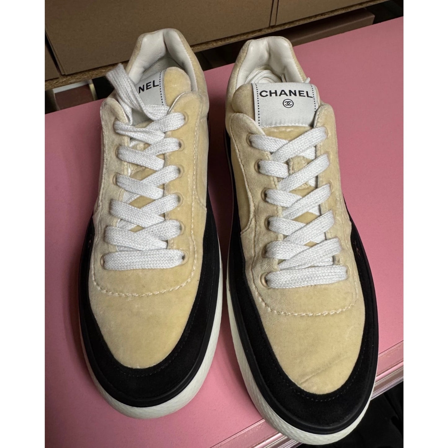 Chanel Beige Velvet Lace-Up Sneakers - Size 41 Pre-owned
