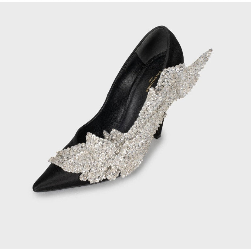 Balenciaga Black Satin Talon Slash Sequin Pumps - Size 38 Pre-owned