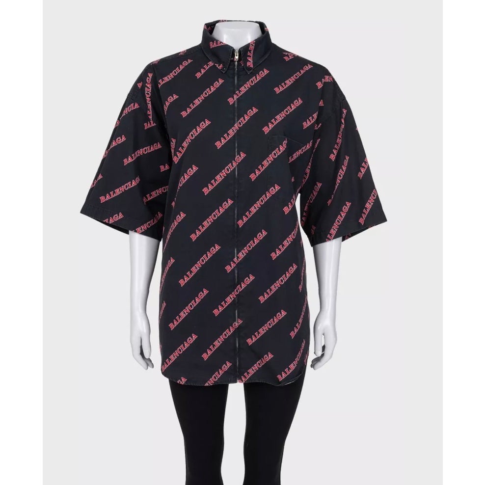 Balenciaga Black Cotton Zip-Up Shirt - Logo Print XXL Pre-owned