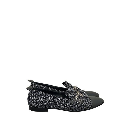 Chanel Tweed Chain Cap-Toe Loafers Sz 37.5 Pre-owned