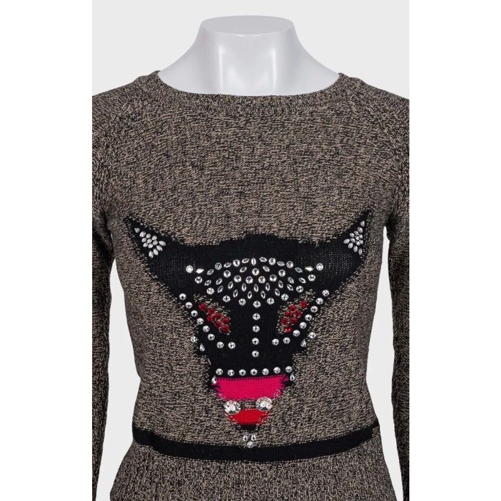 Sonia Rykiel Brown Crystal Embellished Wool Cashmere Sweater Sz.36 pre-owned