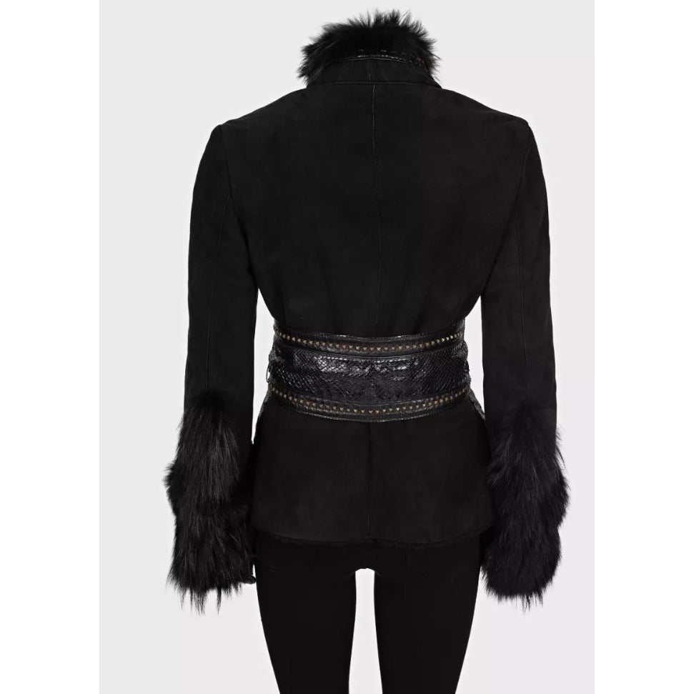 Roberto Cavalli Black Leather Shearling Jacket Fox Fur Trim IT 42 M Pre-owned