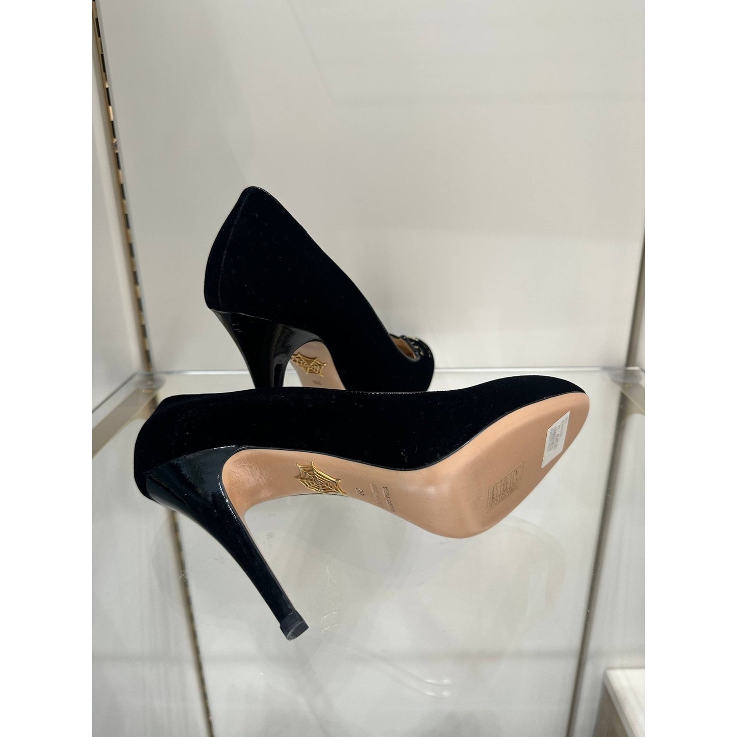 NWOB Charlotte Olympia Black Velvet Kitty 110 Pumps - Size 39 Pre-owned
