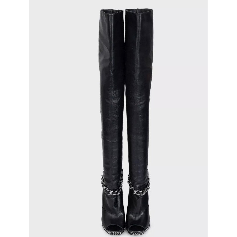 Balmain Black Leather Open-Toe Over-the-Knee Boots Sz.38 Pre-owned