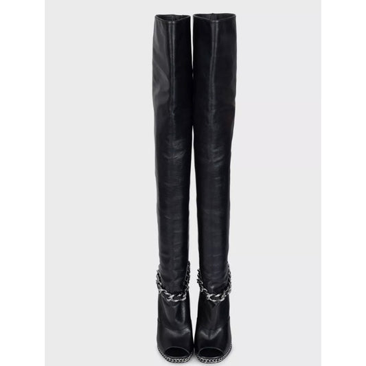 Balmain Black Leather Open-Toe Over-the-Knee Boots Sz.38 Pre-owned