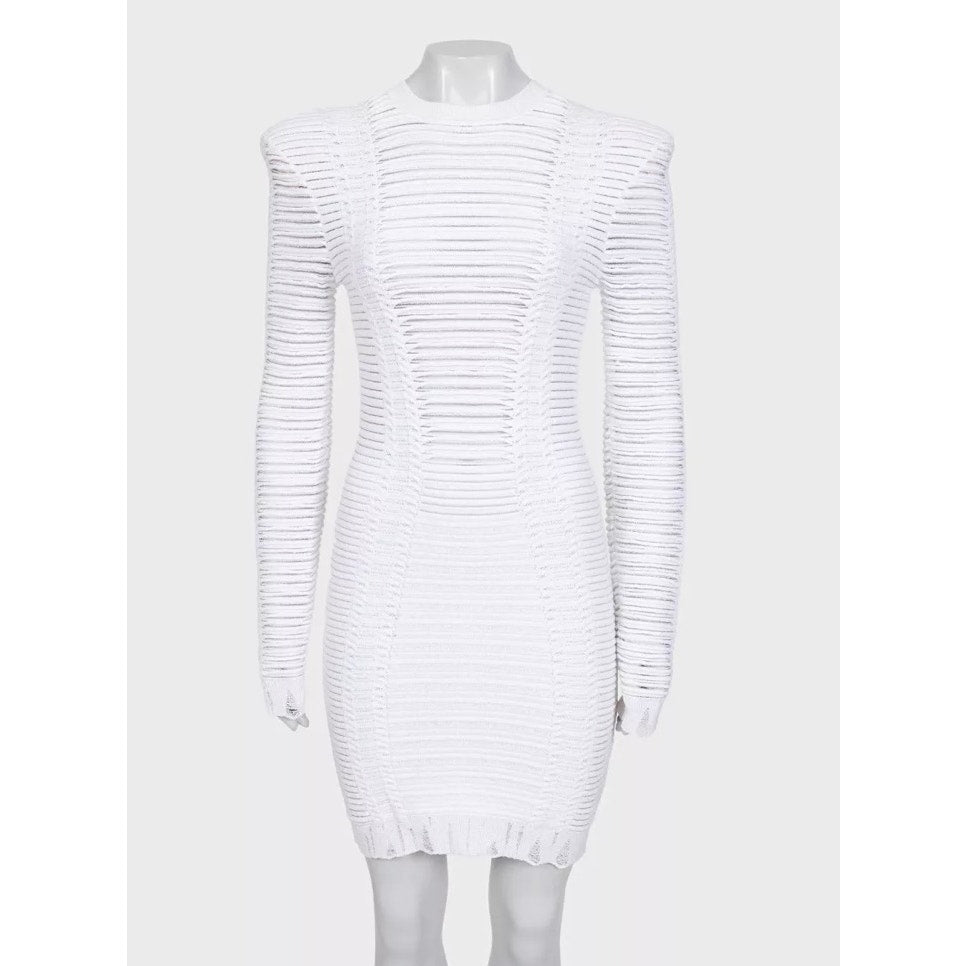 Balmain White Perforated Knit Bodycon Dress Gold Zip Size 36/ S Pre-owned