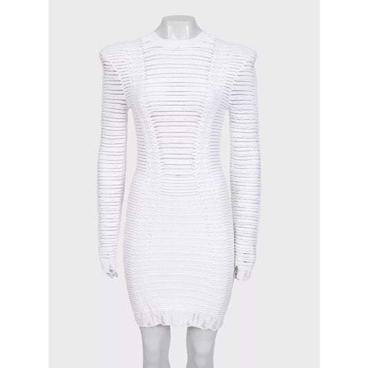 Balmain White Perforated Knit Bodycon Dress Gold Zip Size 36/ S Pre-owned