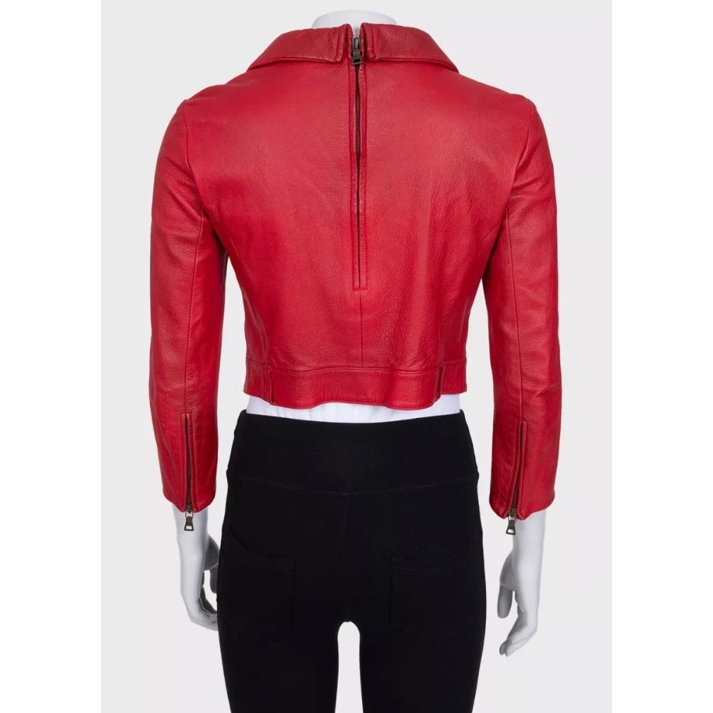 Prada Red Lambskin Cropped Jacket w/ Gold Hardware Sz.42 Pre-owned