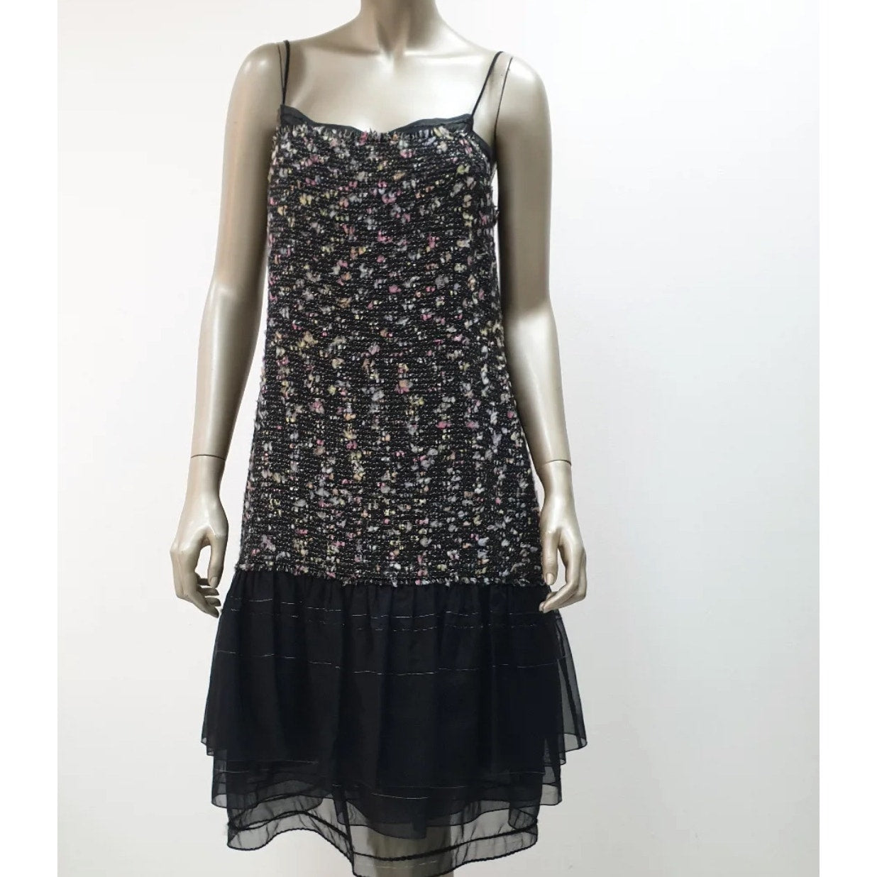 Chanel 04A Chiffon Trim Ribbon Tweed Dress Jacket Suit Sz.44 Pre-owned