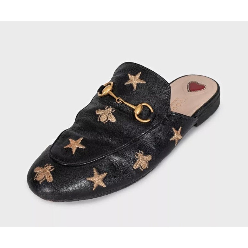 Gucci Black Embroidered Leather Mules - Size 38 Pre-owned