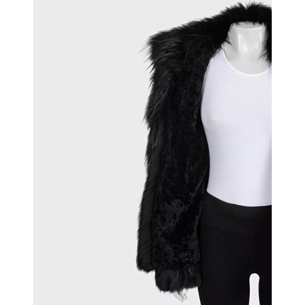Roberto Cavalli Black Leather Shearling Jacket Fox Fur Trim IT 42 M Pre-owned