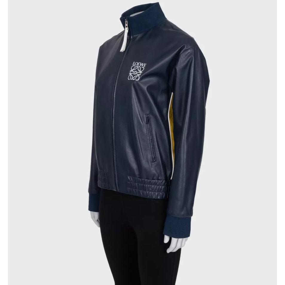 Loewe Blue Leather Jacket with Logo Detail Sz.38/M Pre-owned