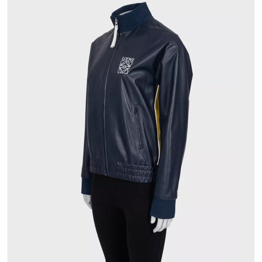 Loewe Blue Leather Jacket with Logo Detail Sz.38/M Pre-owned