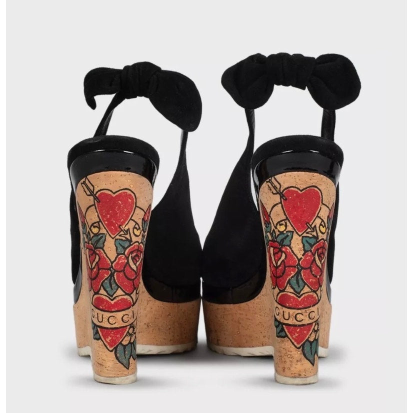 Gucci Black Suede Printed Wedge Sandals - EU 35 Pre-owned