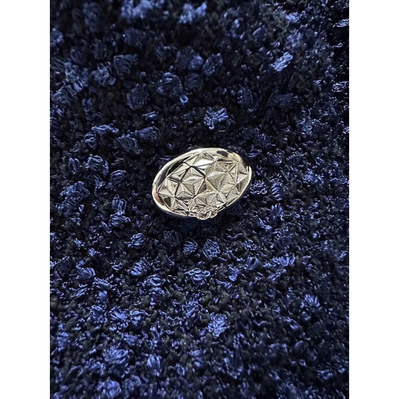 Elegant Chanel Navy Blue Tweed Mid-Length Coat - Size 50 Pre-owned