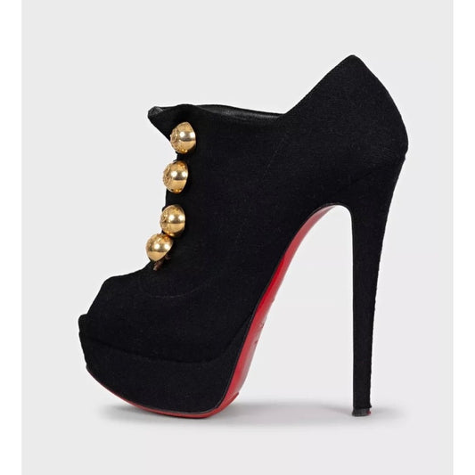 Christian Louboutin Black Textile Open-Toe Wedge Booties Sz.36 Pre-owned