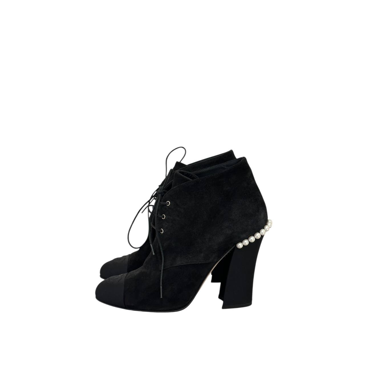 Chanel Black Suede Lace Up Pearls Booties - Size 38.5 Pre-owned