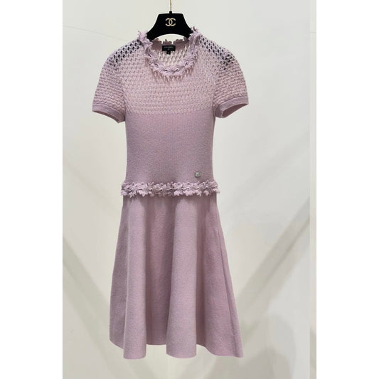 Chanel 17A Pink Flower Trim Embroidery Knit Dress Sz.34 Pre-owned