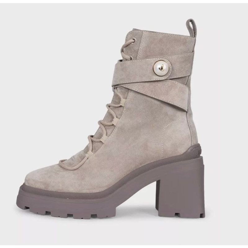 NWB Jimmy Choo Noemi Gray Suede Lace-Up Boots Gold Hardware Sz.37.5 pre-owned