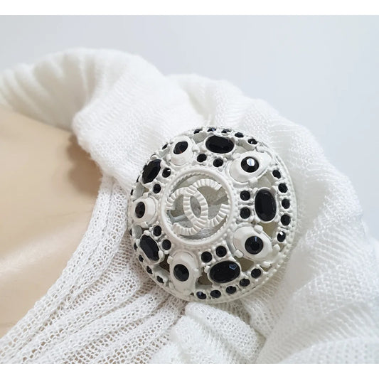 CHANEL Jewel Button Brooch Pin Ottoman Open Knit Stripe Shoulder Tie Sweater Top Sz.48 Pre-owned