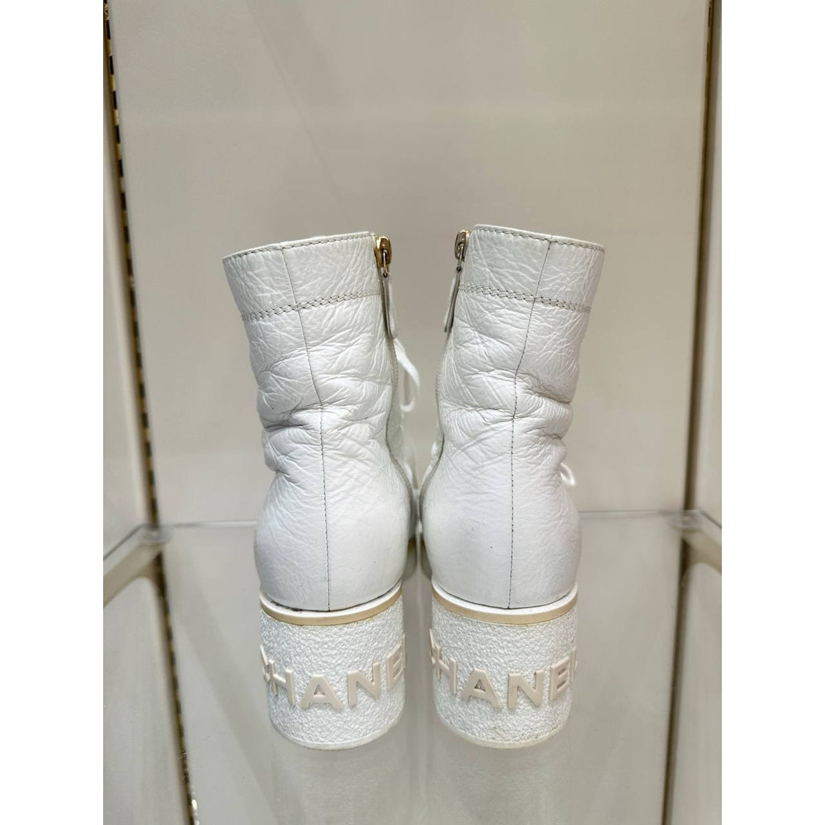 CHANEL 'Ready Steady' White Leather Lace-Up Boots 37.5 Pre-owned