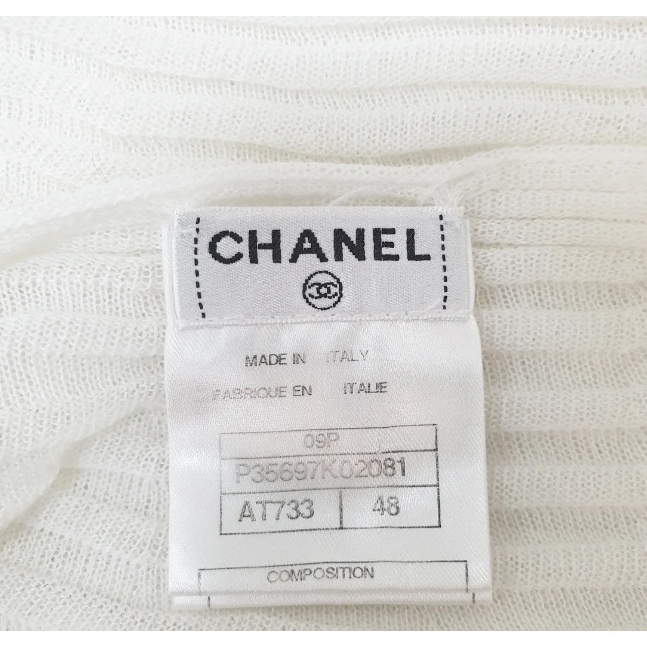 CHANEL Jewel Button Brooch Pin Ottoman Open Knit Stripe Shoulder Tie Sweater Top Sz.48 Pre-owned