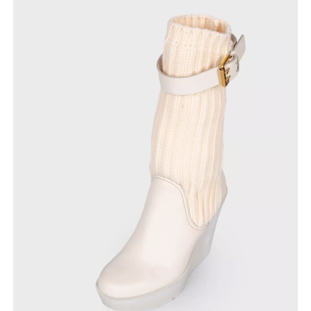 Gucci Beige Fabric & Leather Buckle Wedge Sock Boots Sz.37 Pre-owned