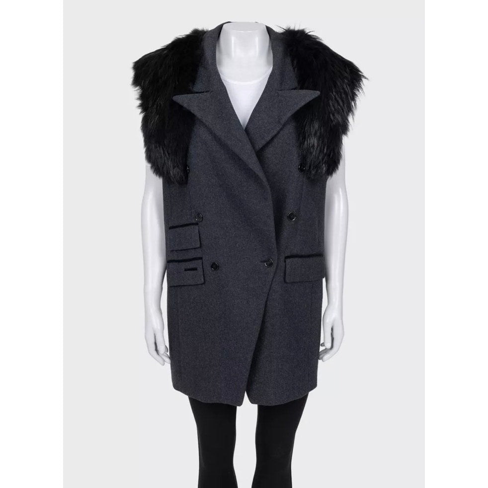 Dolce & Gabbana Gray Wool & Faux Fur Double-Breasted Vest Sz.40 pre-owned