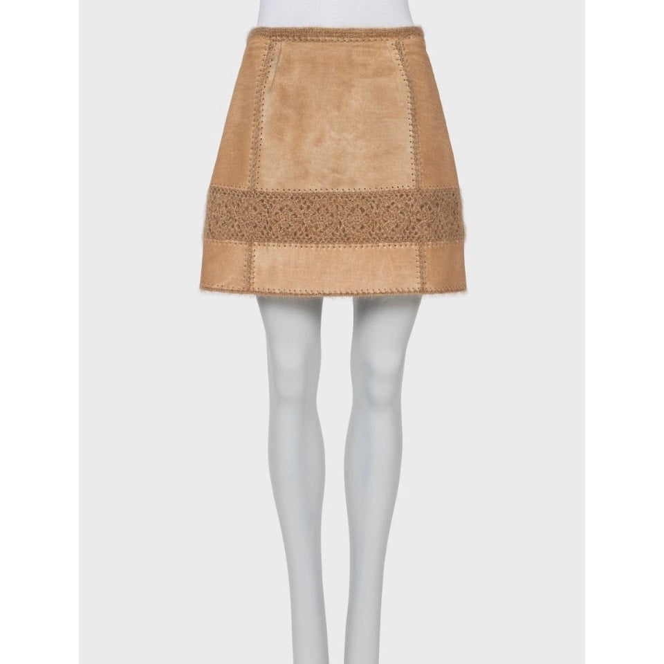 Escada Vintage Brown Suit Skirt Jacket Leather Trim S EU 36 Pre-owned