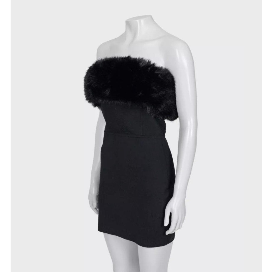 Saint Laurent Black Wool faux Fur-Trim Sleeveless Dress - Size M Pre-owned