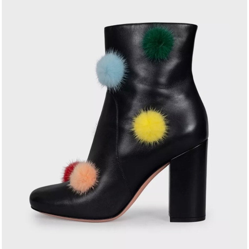 NWB Fendi Black Leather Ankle Boots Fur Pompom EU 39.5 Pre-owned