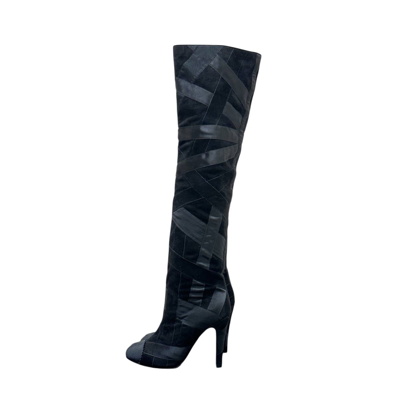 CHANEL Black Suede & Ribbon Patchwork Over Knee Boots Sz.38 Pre-owned