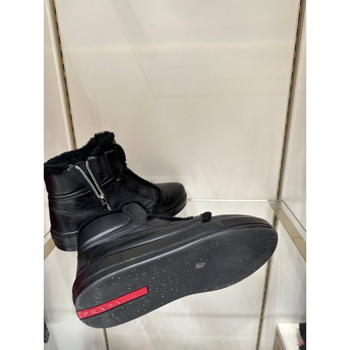 Prada Black Leather Shearling Lined Ankle Boots EU 38 Pre-owned