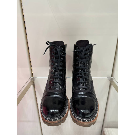 Chanel 2015 Brown Patent Leather Ankle Combat Boots Sz.38 pre-owned