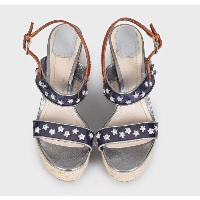 Christian Dior Gray Leather Wedge Sandals Sz 39 pre-owned