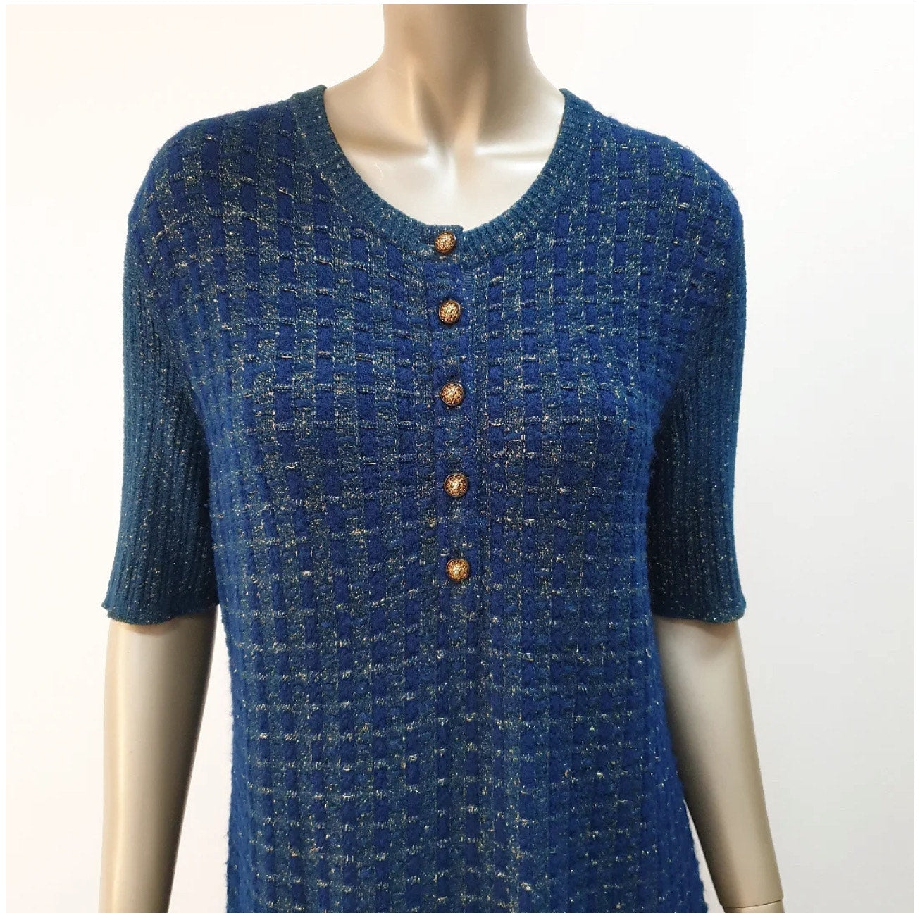 CHANEL Blue Viscose 2017 17A COSMOPOLITE Lerex Tweed Dress Sz.44 Pre-owned