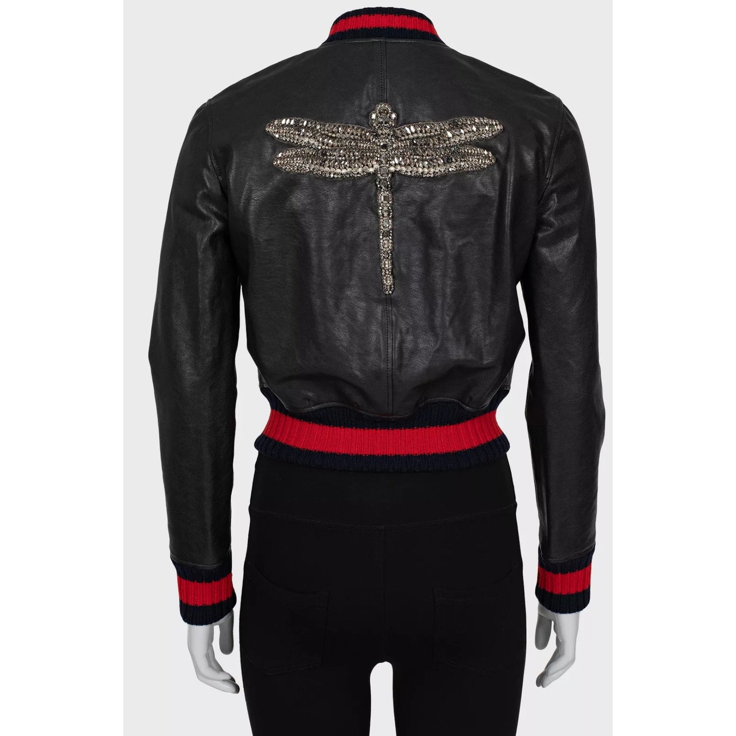 Gucci Dragonfly Embroidered Leather Bomber Jacket - IT40/S Pre-owned