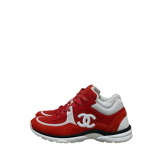 Chanel CC Logo Red Suede & Tweed Sneakers Size 39.5 Pre-owned