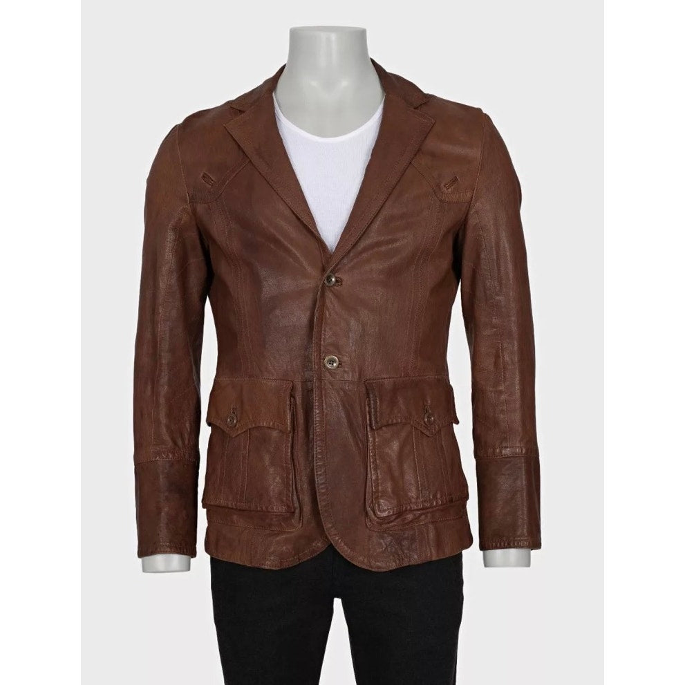 Just Cavalli Men's Brown Leather Button-Down Jacket XL Pre-owned