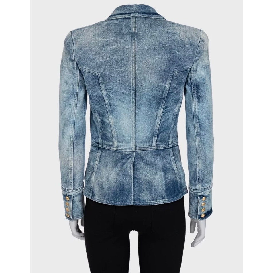 Balmain Double-Breasted Blue Denim Jacket - Size 38 pre-owned