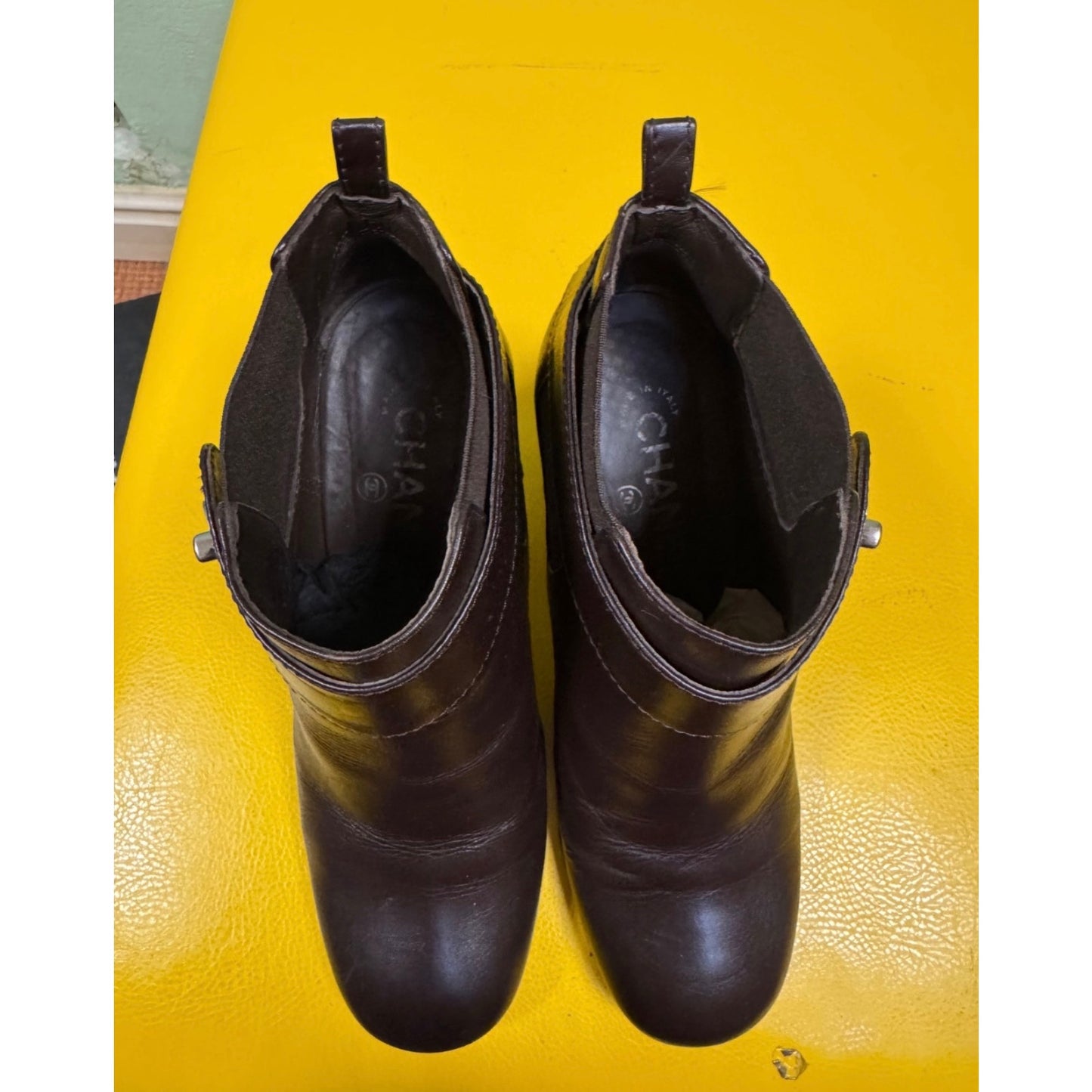 Chanel Brown Leather Ankle Boots, Silver Logo, Size 38 pre-owned