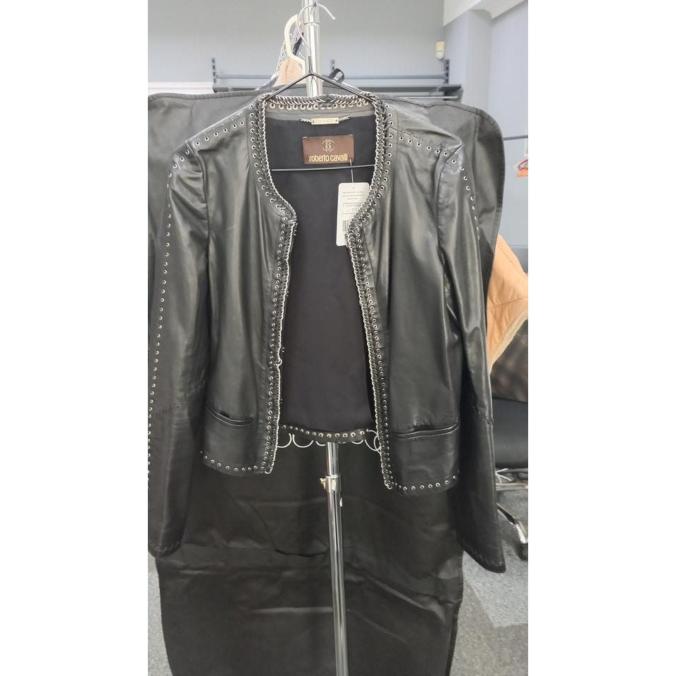 Roberto Cavalli Black Leather Lace-Up Cropped Jacket IT 42/M Pre-owned