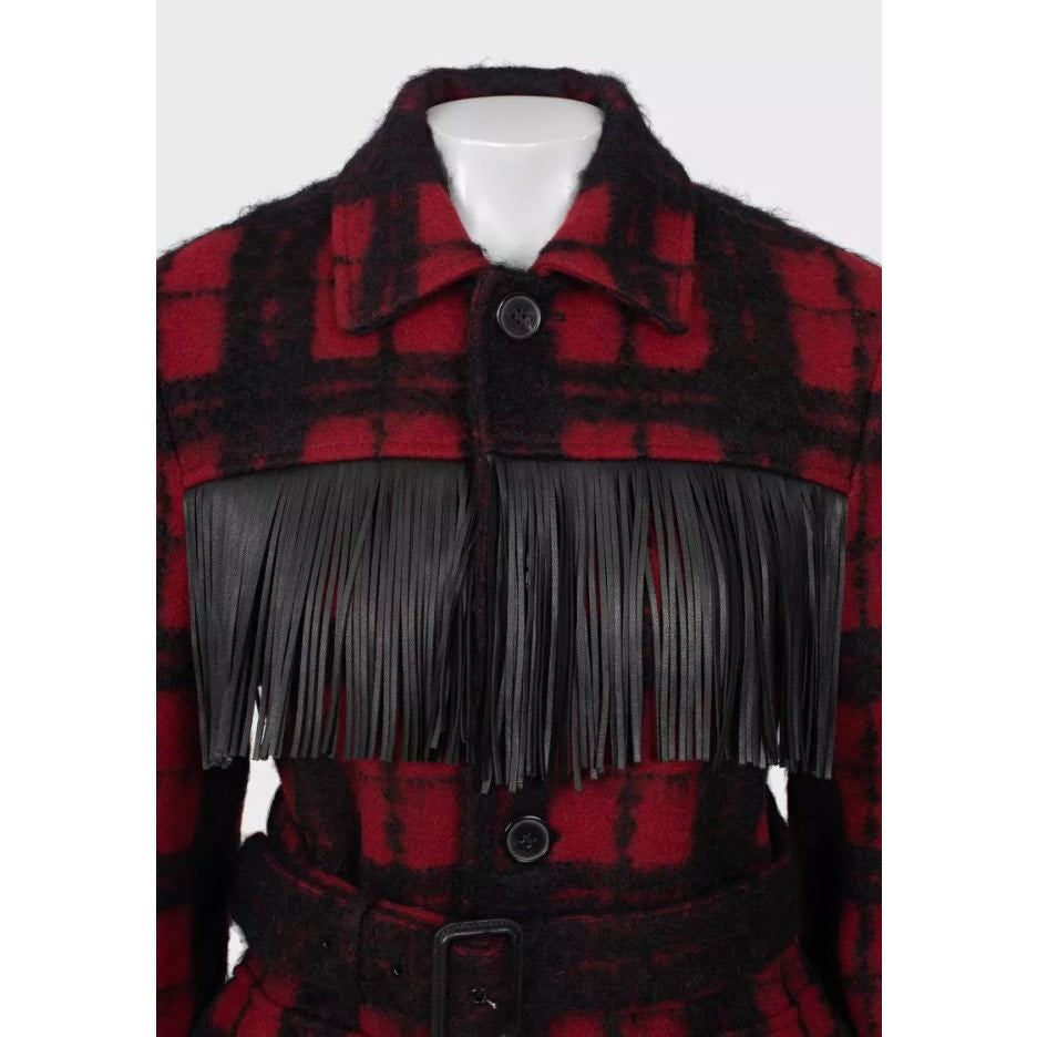 Saint Laurent Belted Fringed Checked Wool Coat Jacket  Sz. 42 Pre-owned