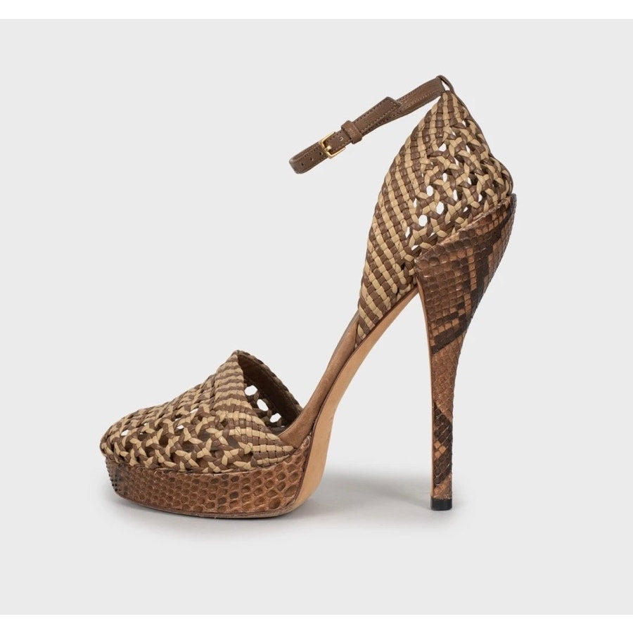 Gucci Brown Woven lambskin Leather High Heel Sandals - Size 38 Pre-owned