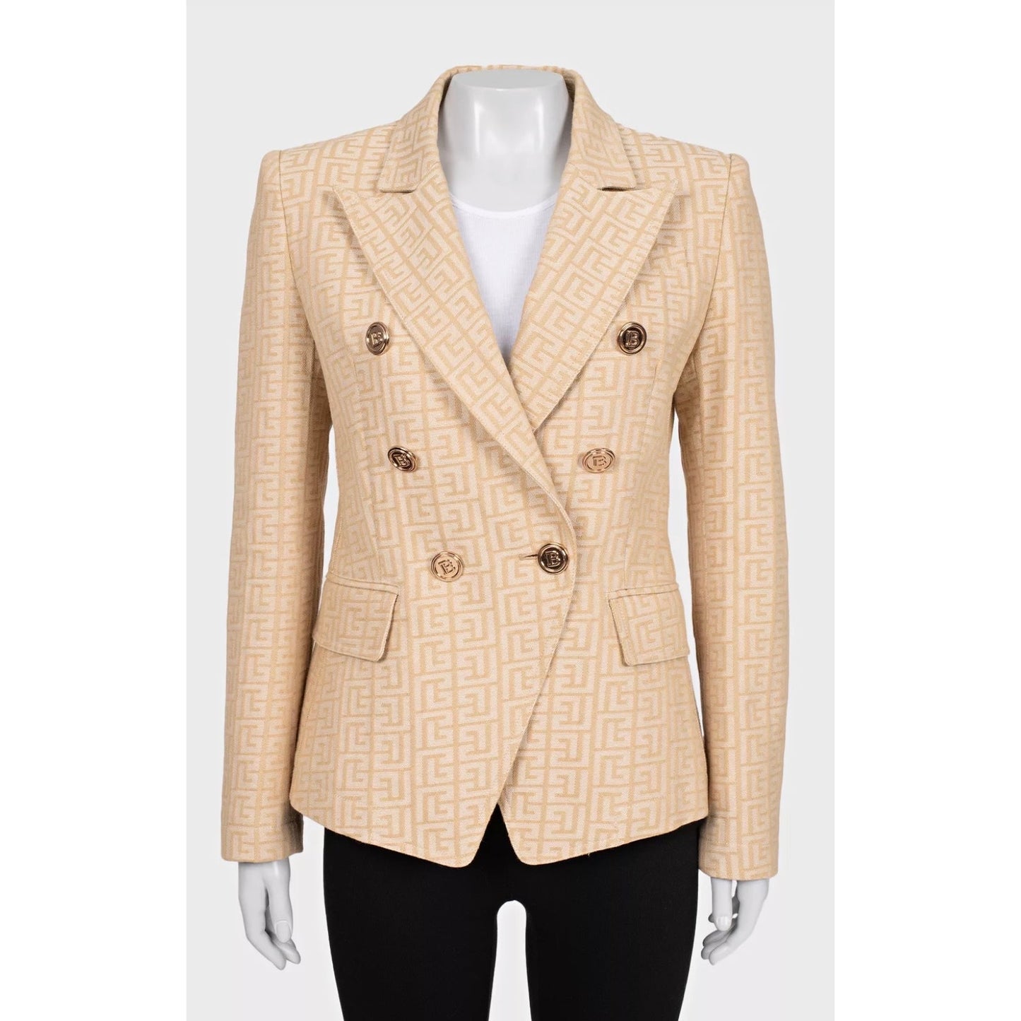 NWOT Balmain Beige Signature Print Fitted Jacket Sz.42 Pre-owned