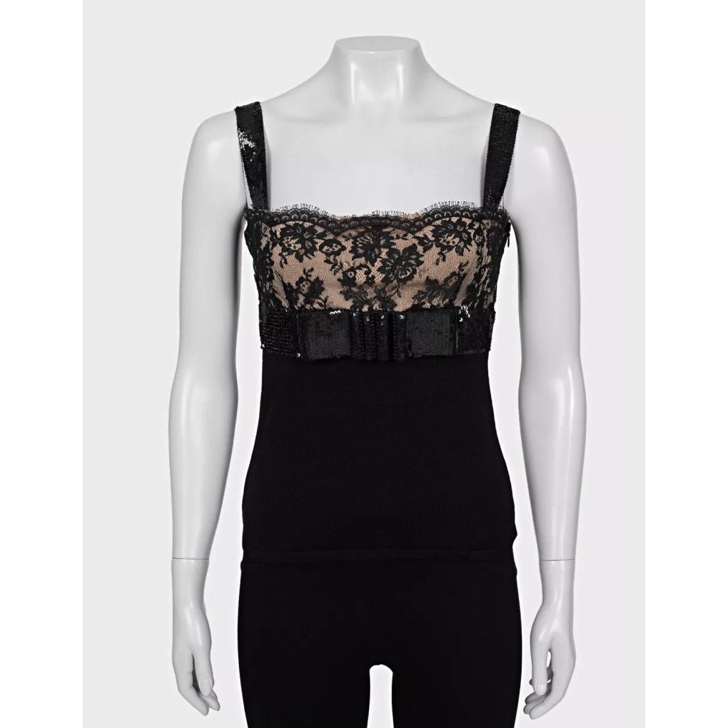 Valentino Black Wool Sequin & Lace Top  Size S Pre-owned