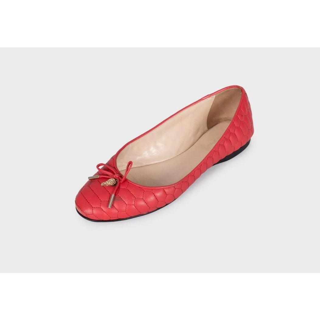 Roberto Cavalli Red Quilted Leather Flats w/ Crystal Charm EU 37 pre-owned